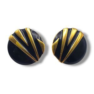 Napier Black Enamel Gold Tone Clip On Screw Round Earrings Signed 80s Art Deco